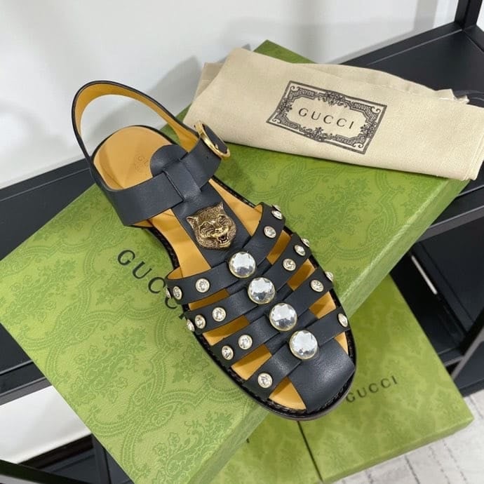 Gucci Rubber Crystal Embellishments Sandals Black view 3