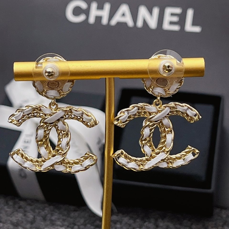 Chanel White Leather And Gold Metal Earrings view 2