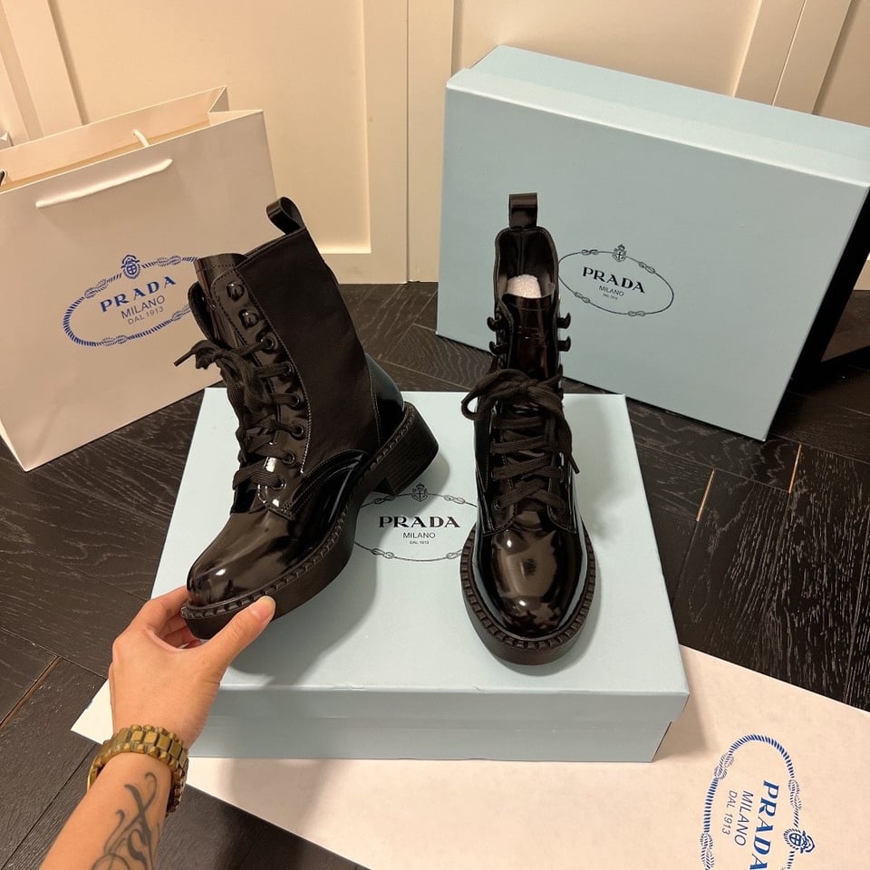 Prada Brushed-Leather And Re-Nylon Boots Shiny Black view 4