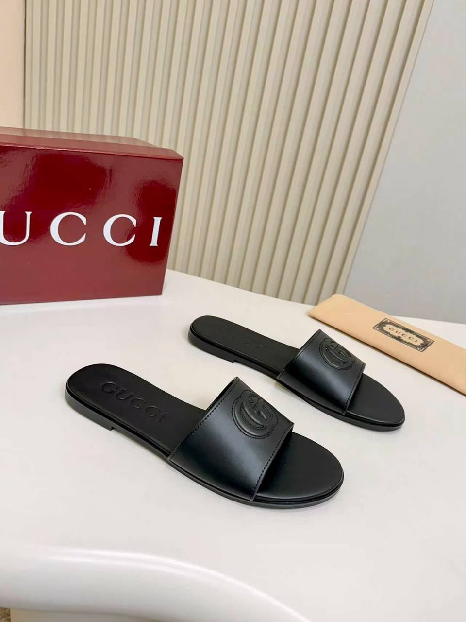Gucci Slide Sandal With Double G Black Leather ‎874910 AAGT4 1000 For Women view 7