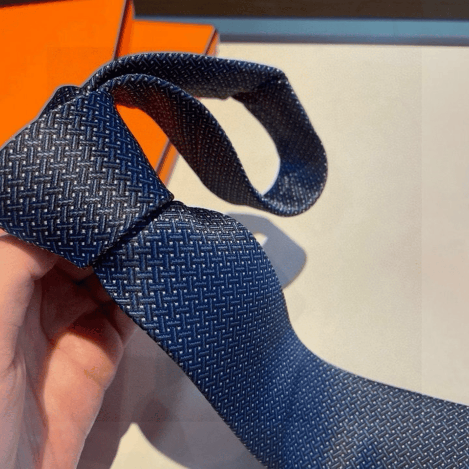 Hermes Navy Blue Grid Pattern Canvas Tie For Men view 3