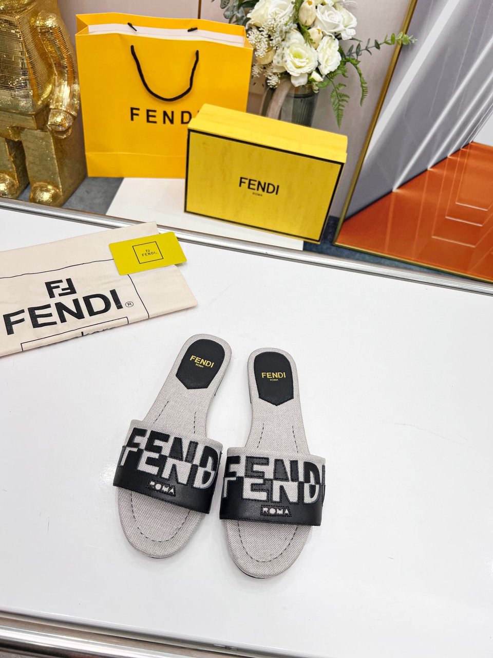 Fendi Signature Canvas Leather Slides Black 8R8337Ajzuf0Wzm view 6