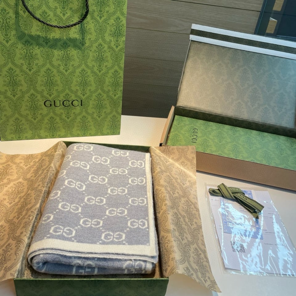 Gucci Cashmere Scarf Pattern Beige Light Blue For Women 180cm view 3