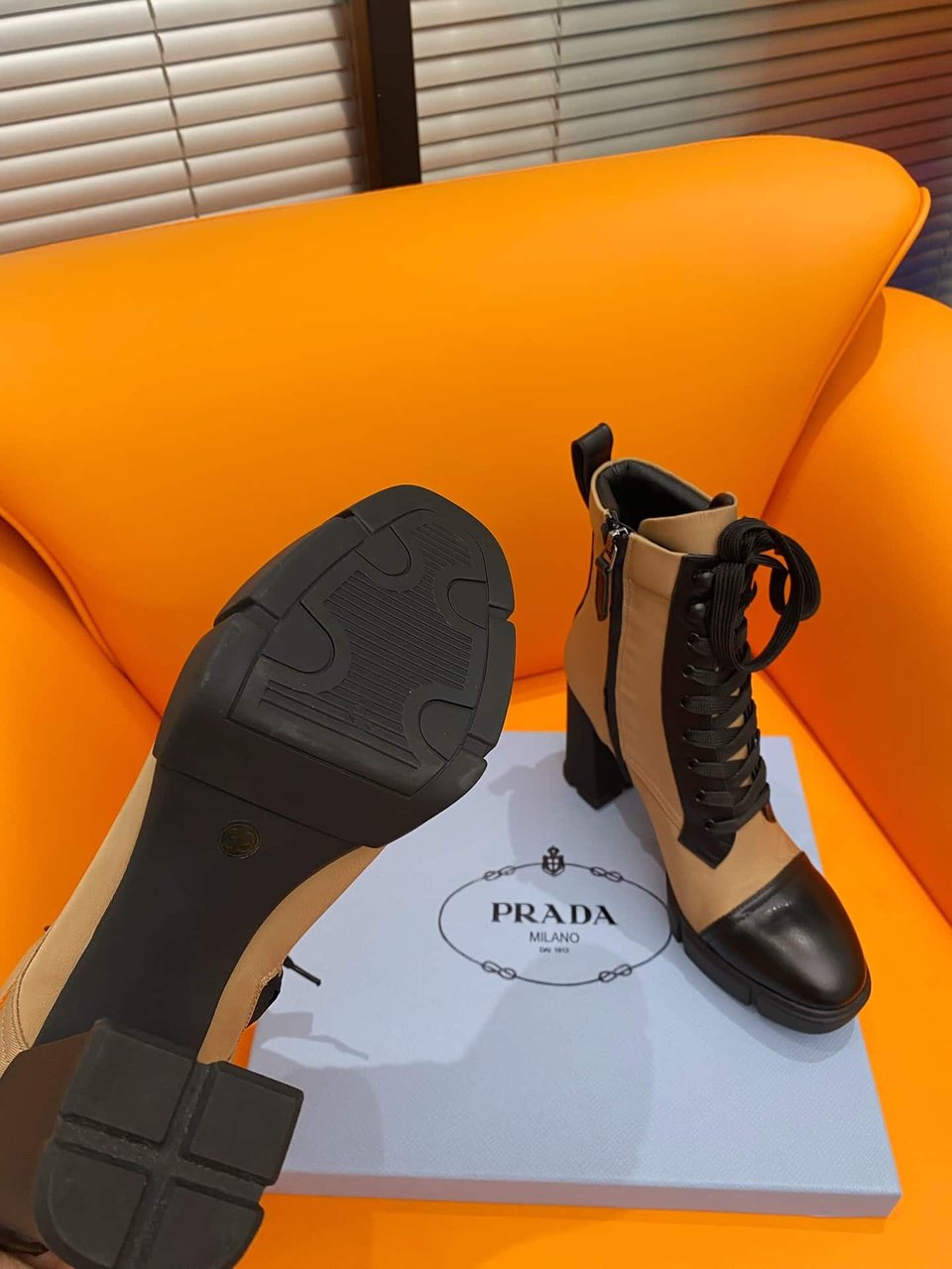 Prada Logo Plaque Ankle Boots Brown view 3