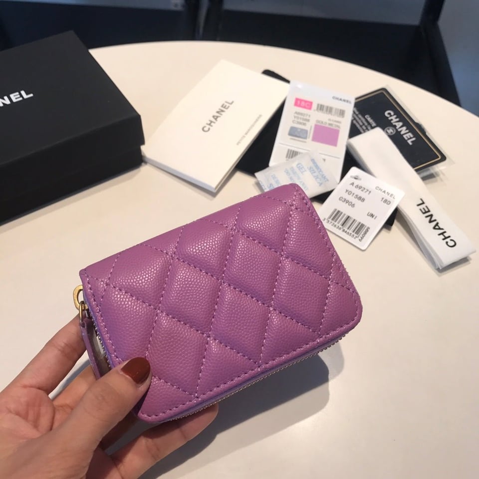 Chanel Zipped Coin Basic Purse 11 Purple Calfskin Gold Icon view 8