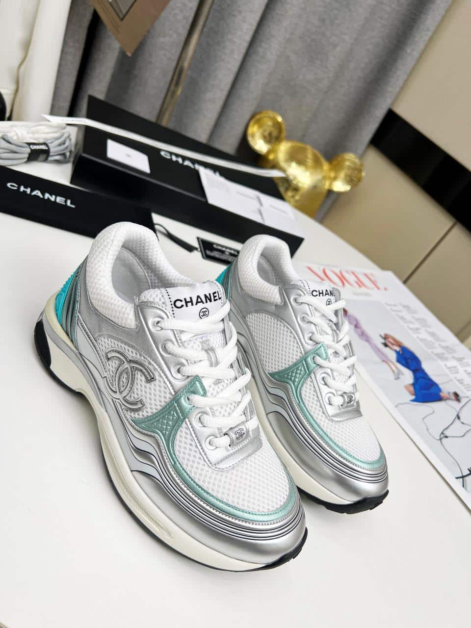 Chanel 23C Silver Metallic Cc Logo Lace Up Flat Runner Trainer Sneaker White Turquoise view 10