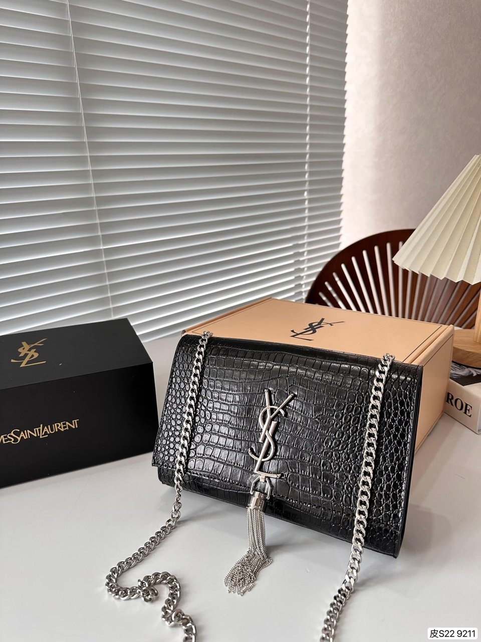 Saint Laurent Kate Tassel Medium Crocodile Embossed Leather Black 22Cm view 3