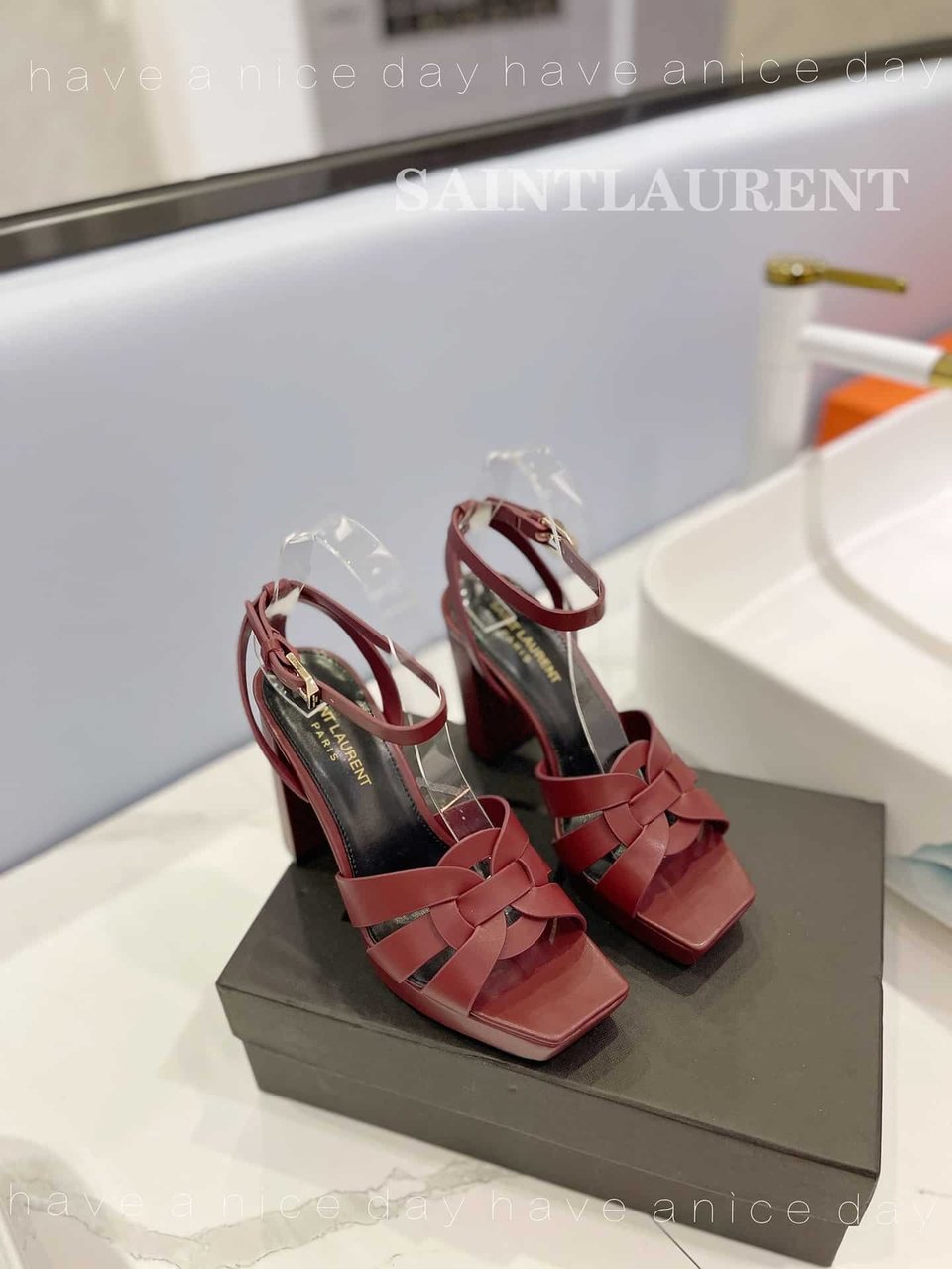 Saint Laurent Tribute Platform Sandals In Smooth Leather Burgundy view 10