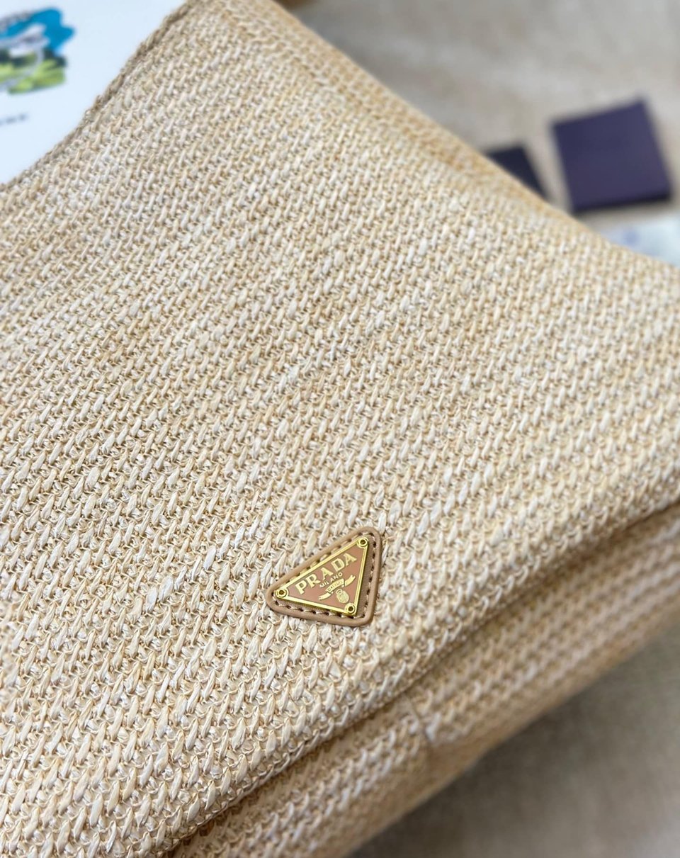 Prada Logo Embossed Raffia Shoulder Bag Beige 33Cm view 8