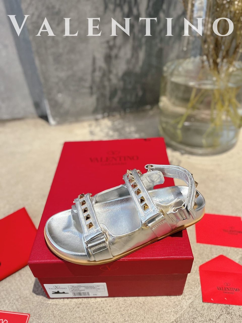 Valentino Garavani Rockstud Flat Sandal In Nappa Leather For Woman In Silver view 10