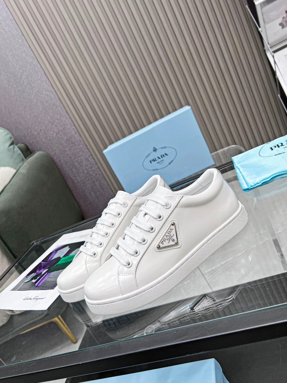 Prada Logo Sneakers In Brushed Leather White view 7