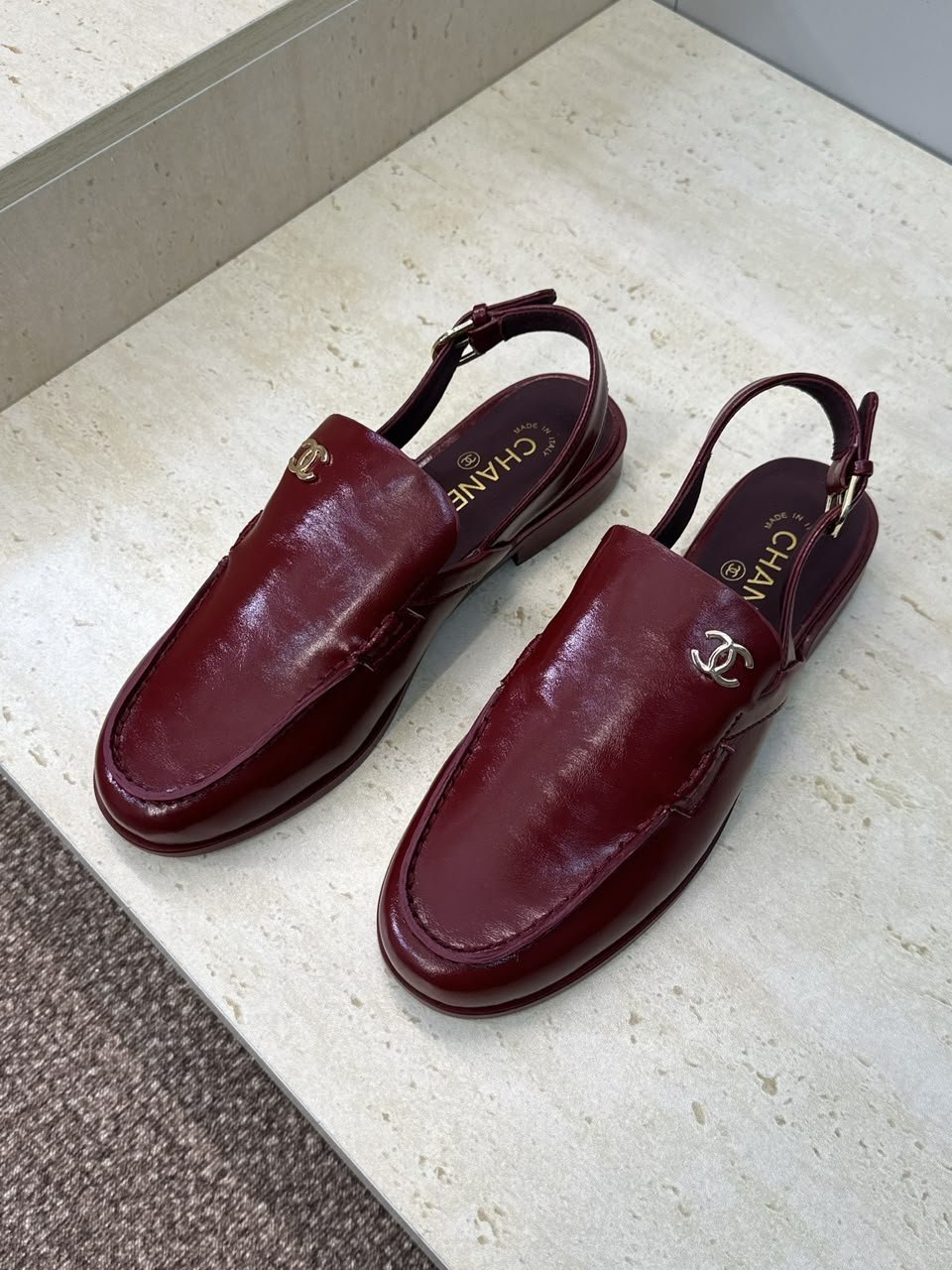 Chanel Patent Calfskin Slingback Mules with CC Logo Burgundy Patent Calfskin G39840 view 4