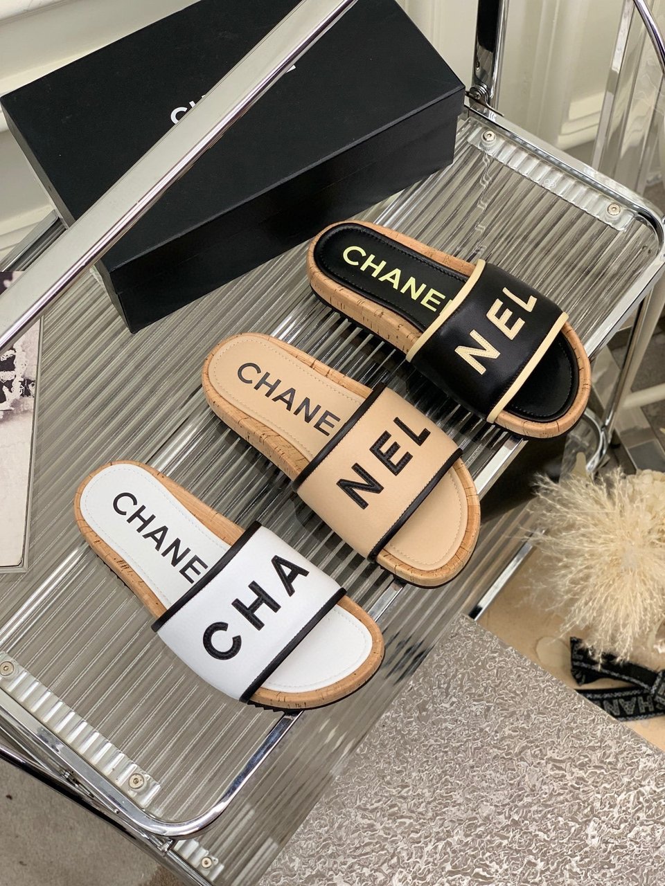 Chanel Leather Logo Cork Slide Sandals Beige view 5