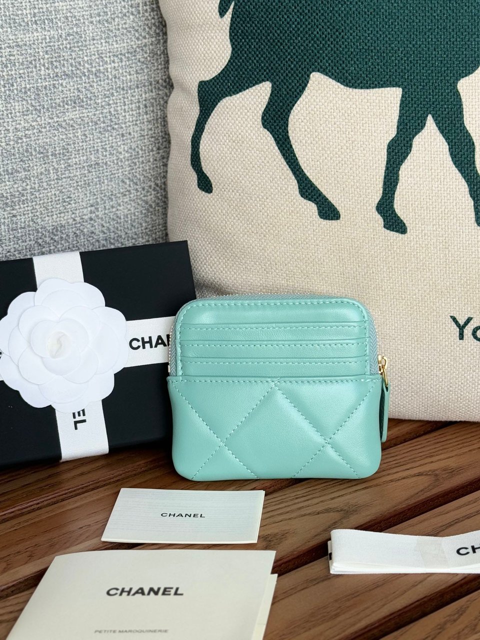 Chanel 19 Zipped Coin Purse 11Cm Turquoise Blue Lambskin Gold Hardware view 8