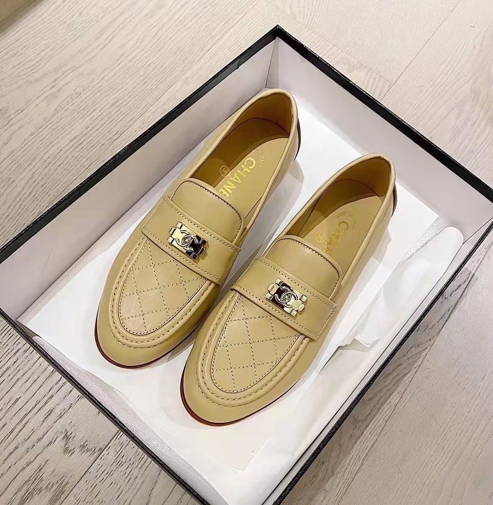 Chanel 20B Quilted Boy Lego Metal Logo Gold Mule Slip On Flat Loafers Beige view 6