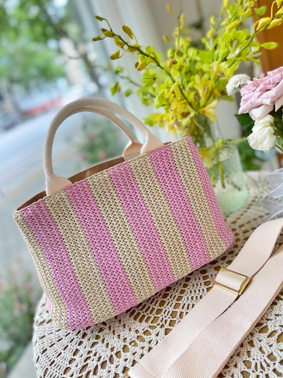 Prada Raffia Tote Bag Tan And Pink view 3