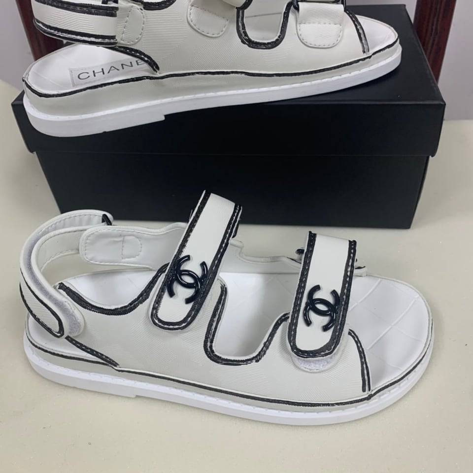 Chanel Calfskin Printed Velcro Dad Sandals White Black view 10