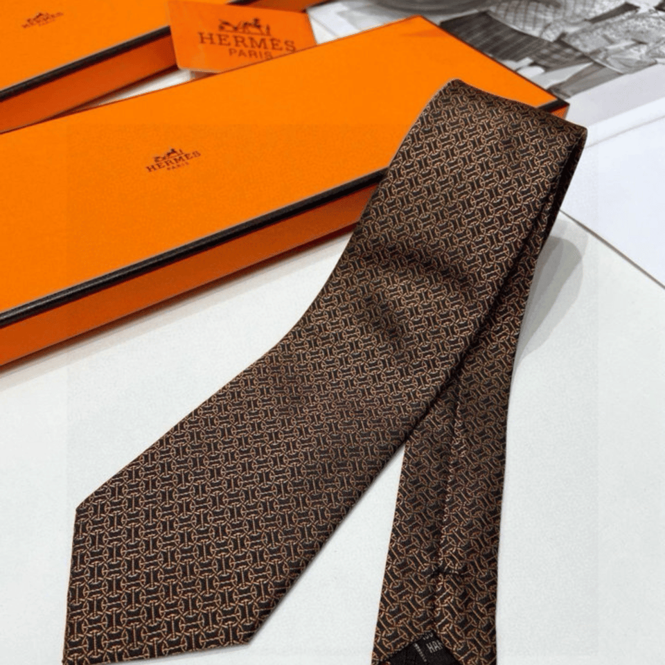 Hermes Brown Pattern Canvas Tie For Men view 9