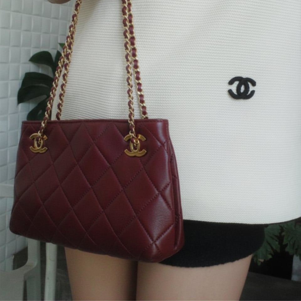 Chanel Mini Shopping Bag Sheepskin &amp; Gold-plated Metal 25cm/9.8in Dark Red Wine AS6248 view 3