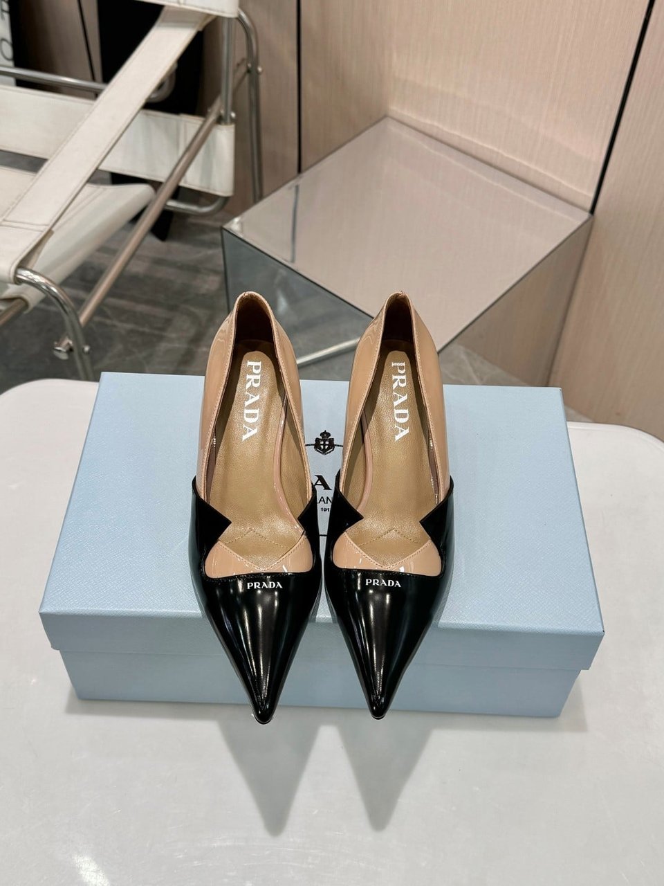 Prada Two Tone Toe Kitten Heels In Black And Beige view 4