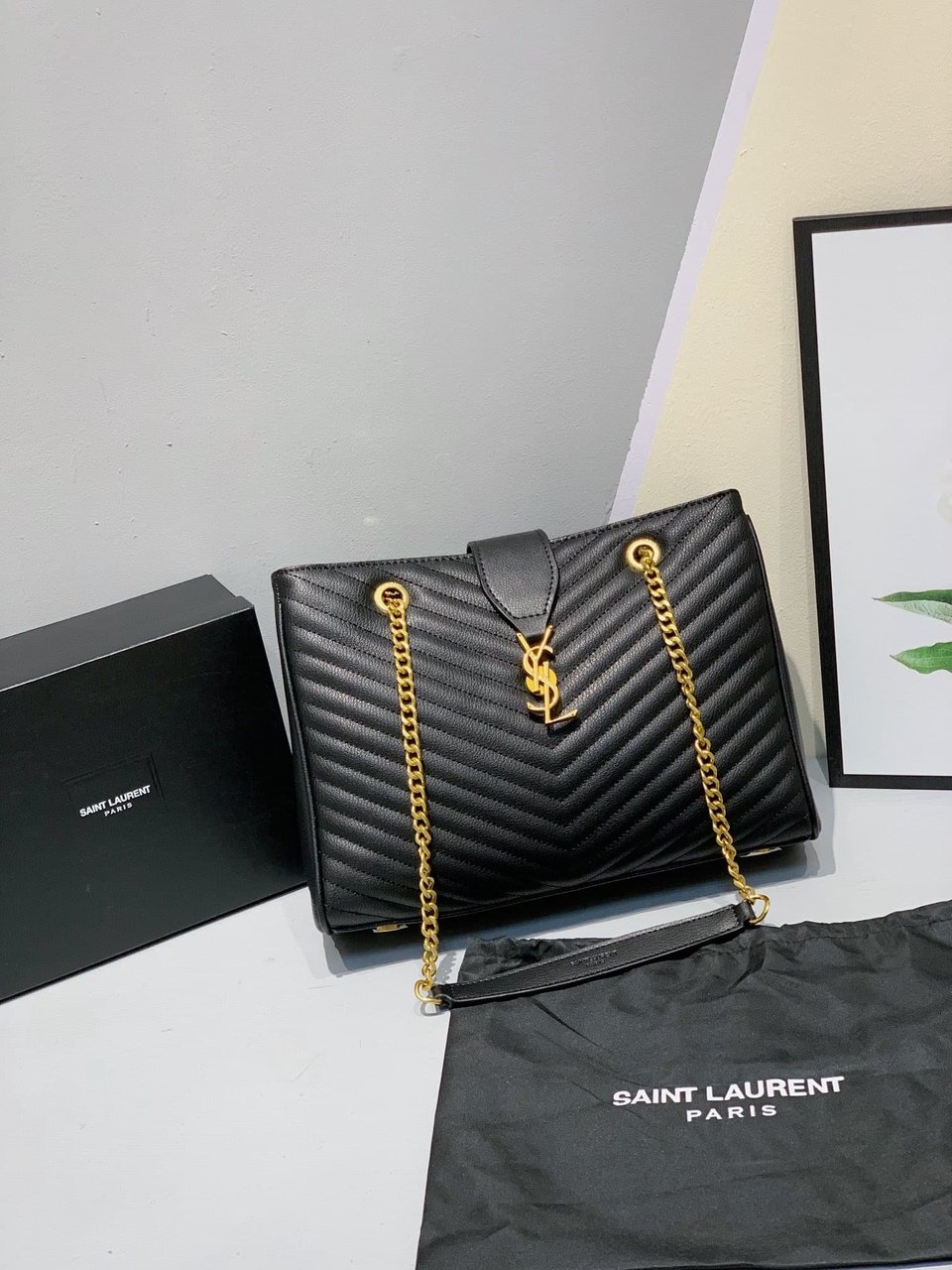 Saint Laurent Black Grain De Poudre Matelasse Chevron Monogram Shopping Bag Gold Hardware view 9