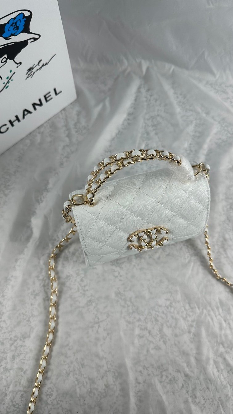 Chanel Top Handle Clutch With Chain In Caviar White 15Cm/5in view 8