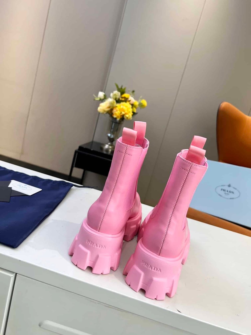 Prada Monolith Brushed Leather Booties Pink view 8