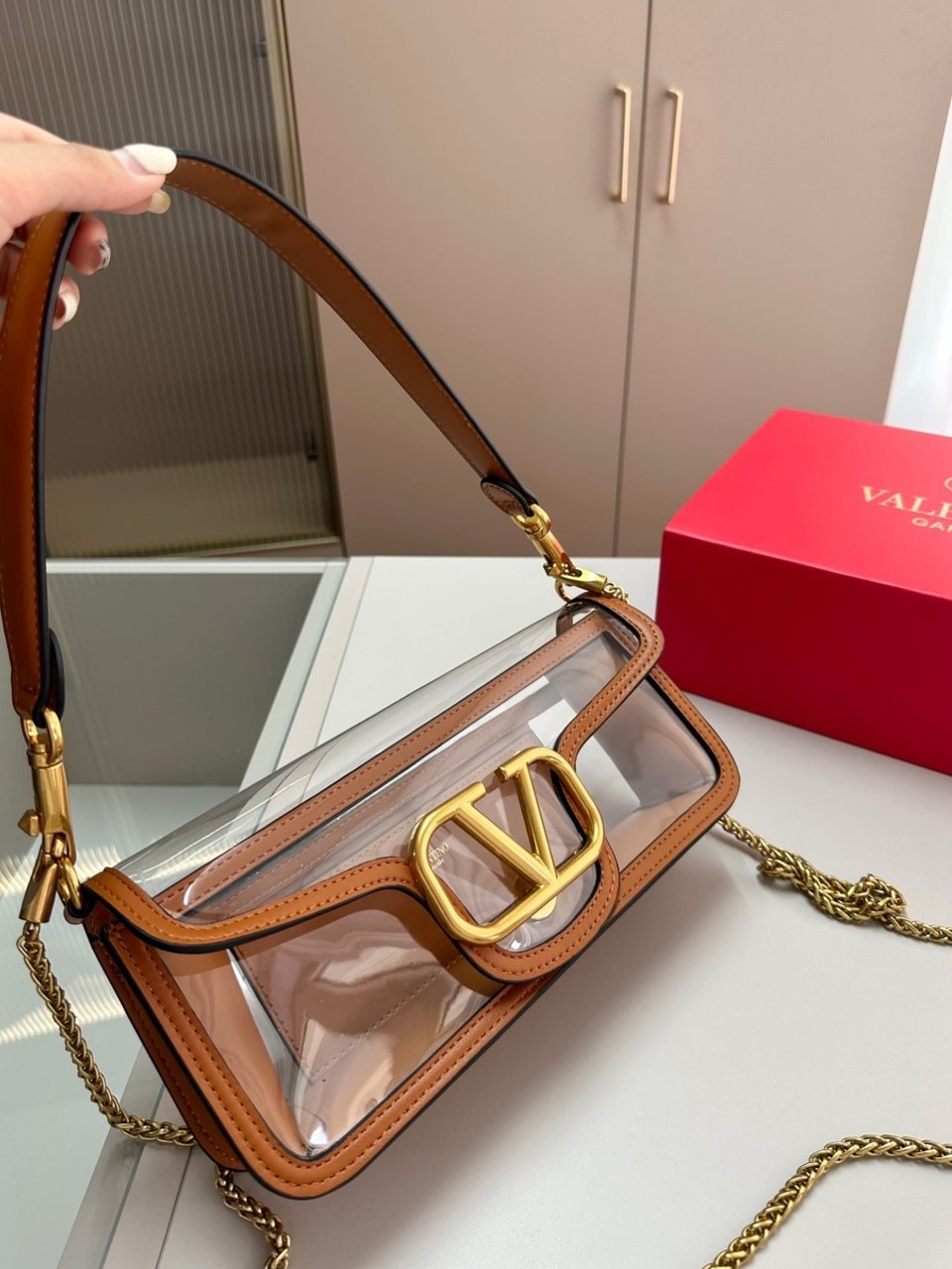 Valentino Garavani Locò Pvc And Leather Shoulder Bag Brown 24Cm view 4