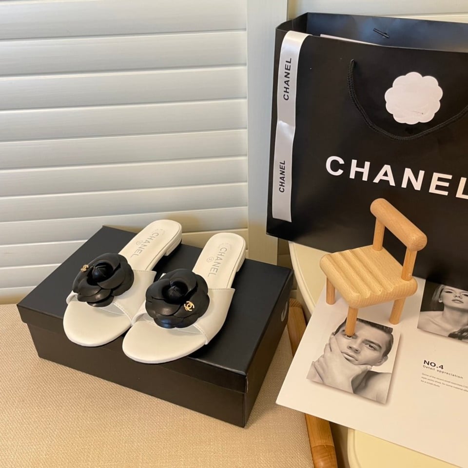 Chanel Black Camellia Slides White view 6