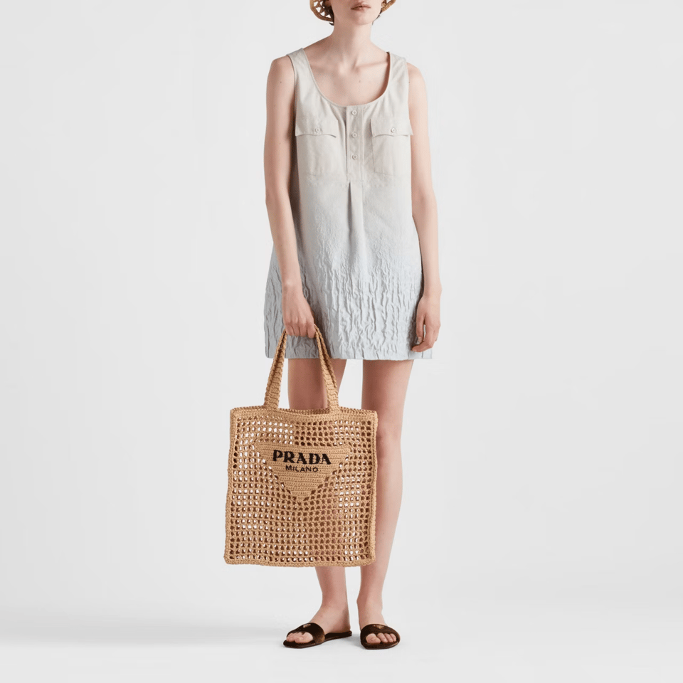 Prada Natural Crochet Logo Tote Bag Beach Bag 38 cm view 3