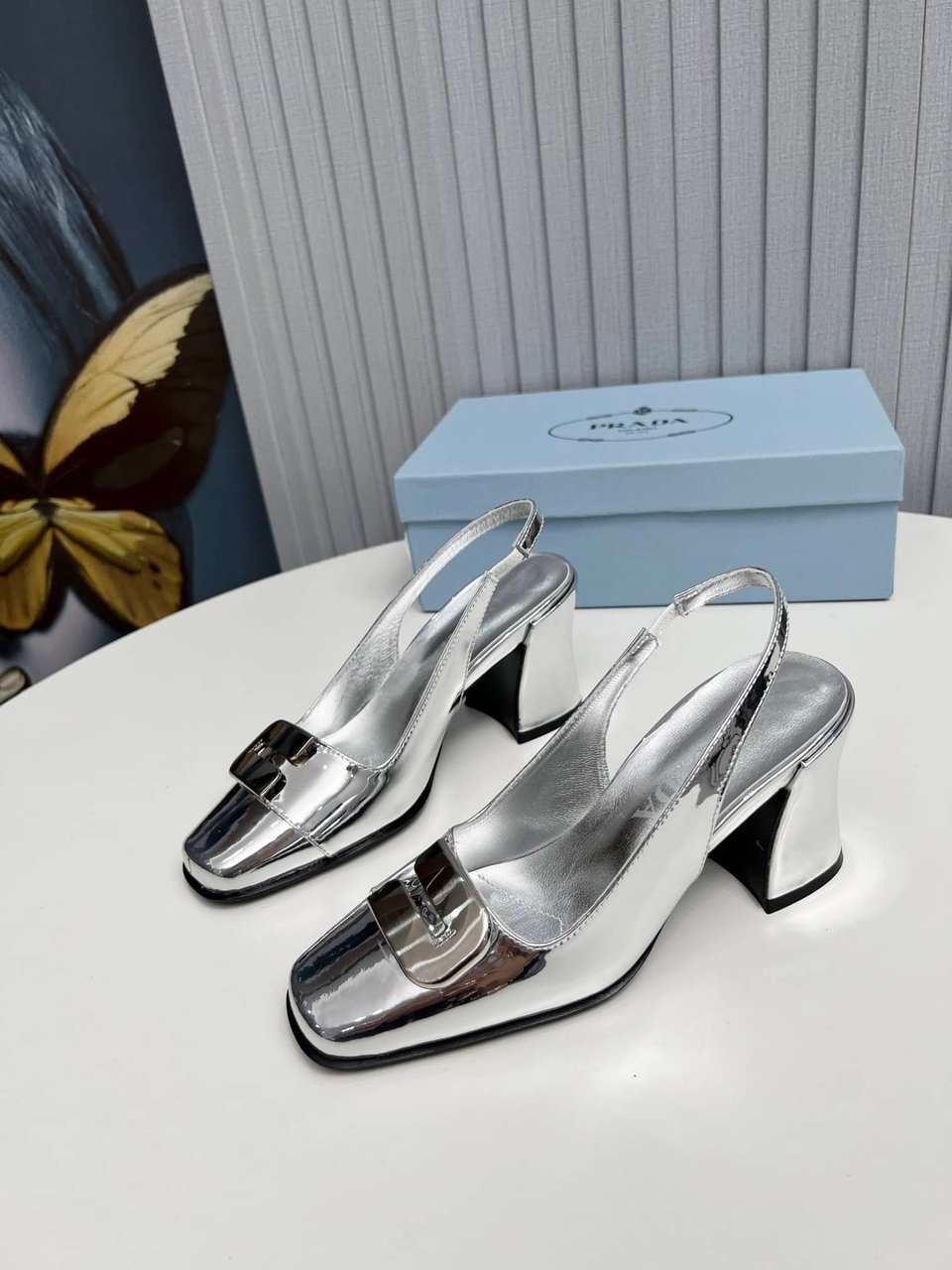 Prada Leather Slingback Pumps Silver view 10