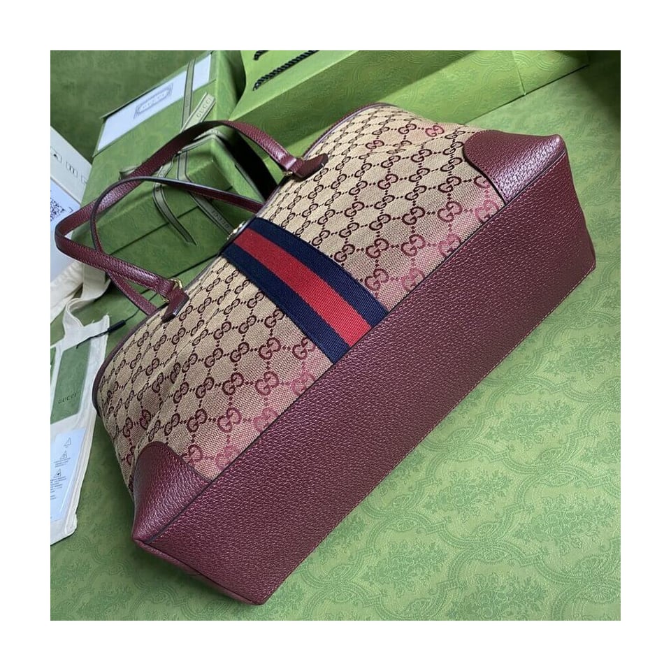 Gucci Ophidia Medium Tote With Web in Burgundy GG Canvas view 7