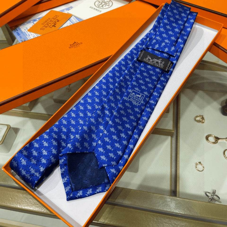 Hermes Navy Blue Fish Pattern Canvas Tie For Men view 4