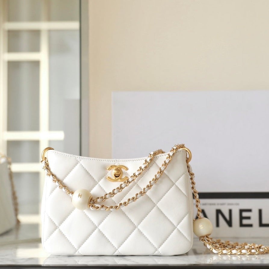 Chanel 24S Hobo Bag 19Cm White Lambskin Pearl Ball view 2