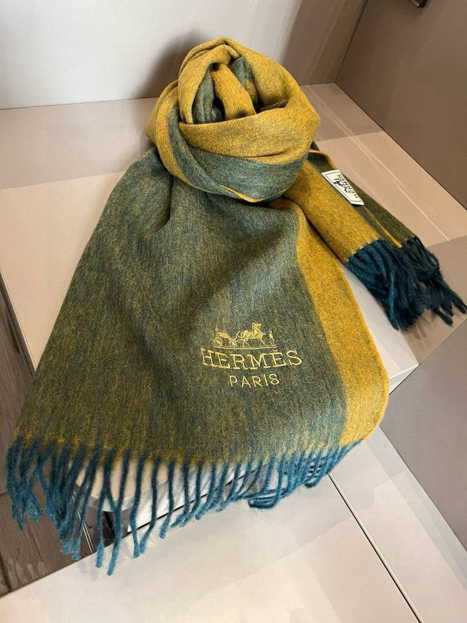 Hermes Cashmere Scarf Colorblock Yellow Green For Women 180cm view 2