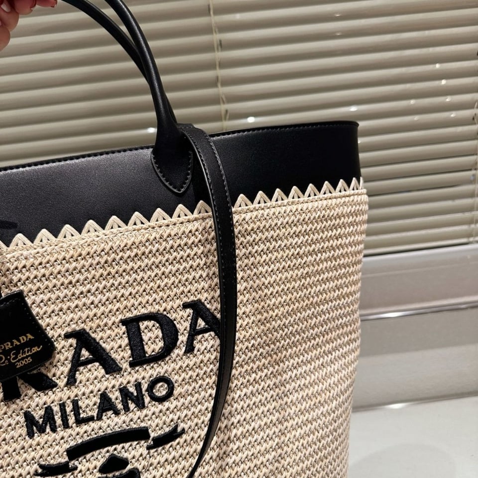 Prada Crochet And Leather Tote Bag Tan And Black 33Cm view 6