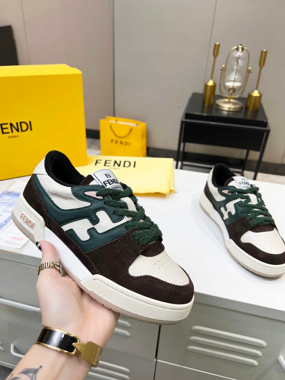 Fendi Match Low Tops Suede Black Green Shoelace view 3