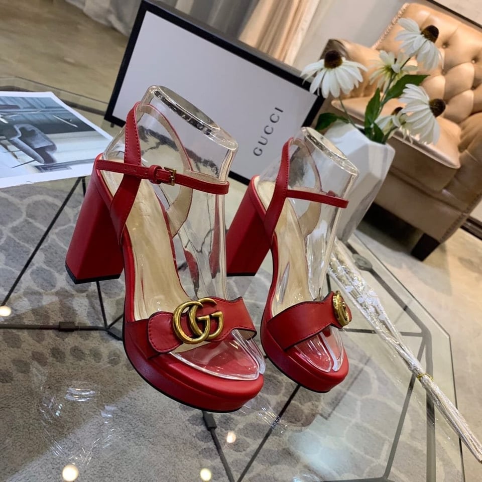 Gucci Gg Leather Heeled Sandal Red view 3