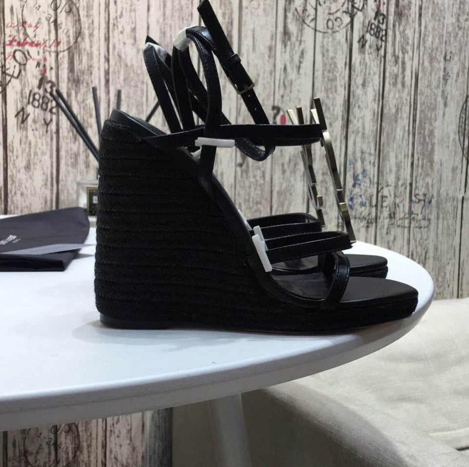 Saint Laurent Cassandra 115 Leather And Raffia Wedge Black Sandals view 4