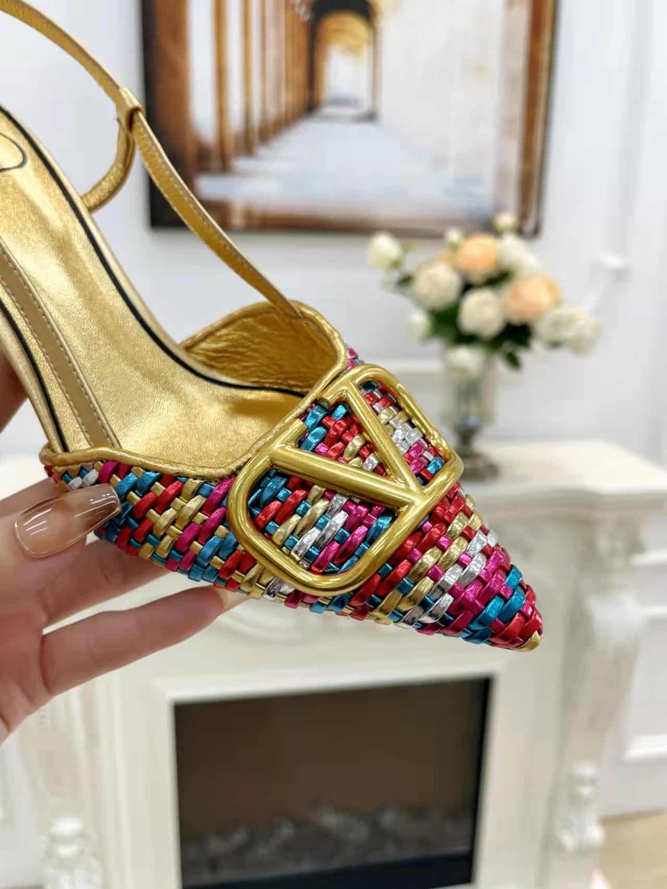 Valentino Garavani Vlogo Woven Leather Slingback Pumps Multicolor view 6