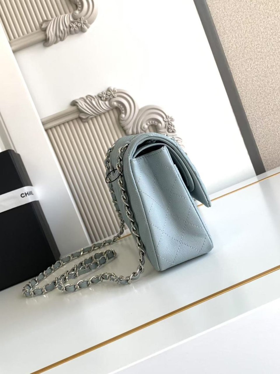 Chanel Classic Flap Bag 25 cm Light Blue Caviar Silver-Tone Hardware A01112 view 5
