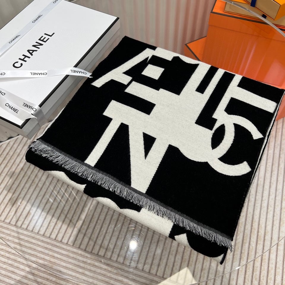 Chanel Cashmere Scarf Graphic Black For Women 190cm view 3