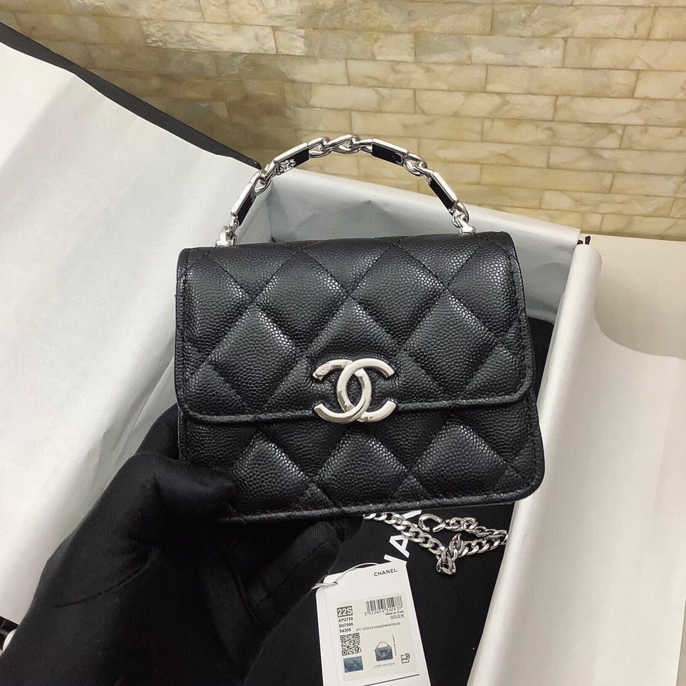 Chanel Mini Woc 13Cm With Top Handle Black Quilted Caviar Leather Silver Hardware view 2