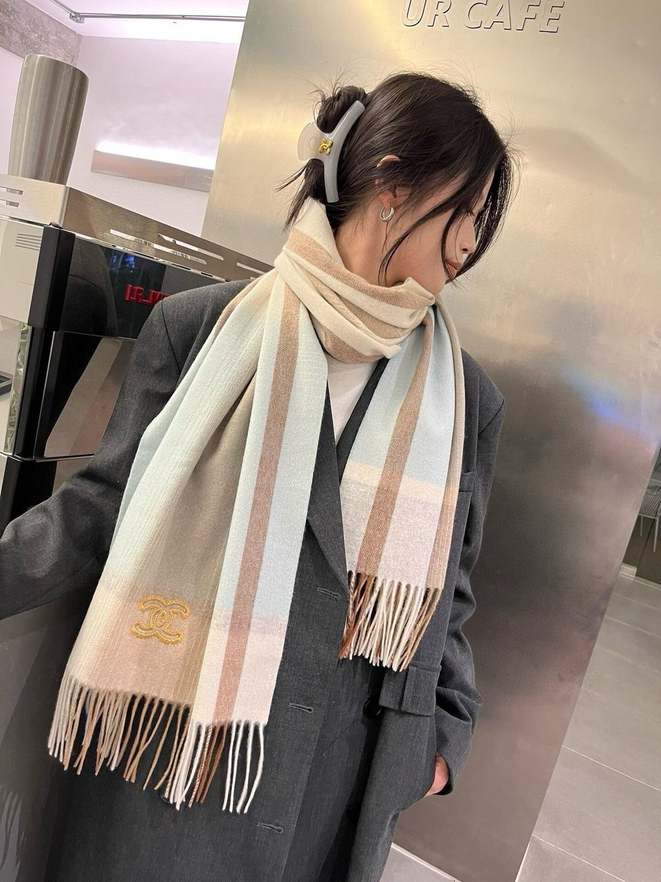 Chanel Cashmere Scarf Striped Beige For Women 190cm view 3
