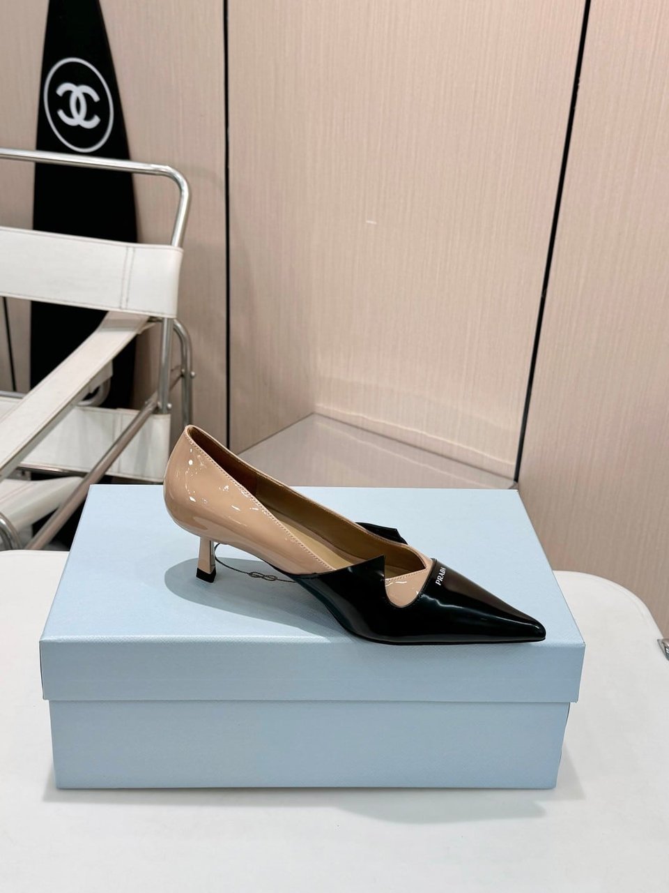 Prada Two Tone Toe Kitten Heels In Black And Beige view 6