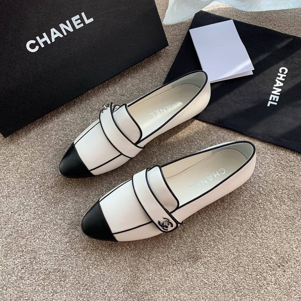 Chanel Leather Cc Cap Toe Slip On Loafers White view 10
