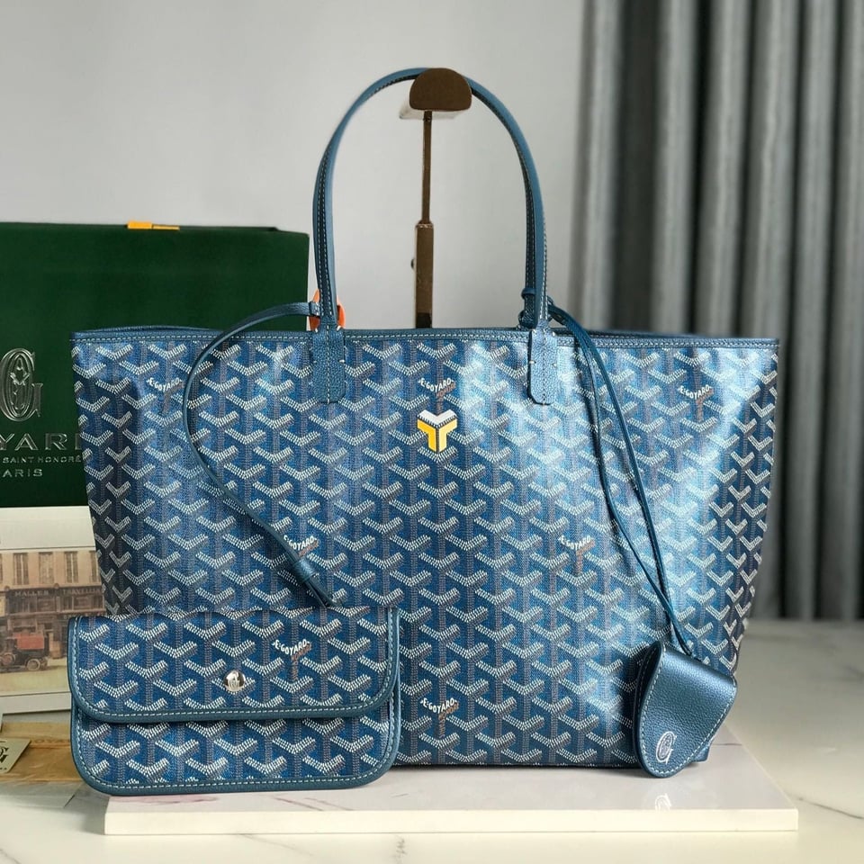 Goyard Saint Louis Pm Bag 34Cm Deep Blue Canvas Chevroches Calfskin view 2