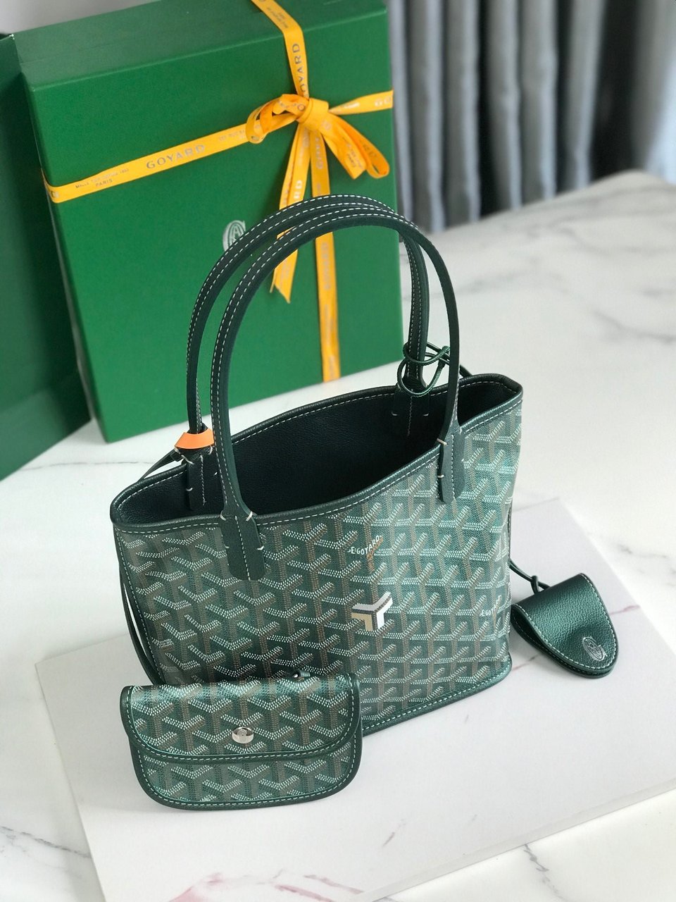 Goyard Anjou Mini Bag 20Cm Green Canvas Chevroches Calfskin view 3