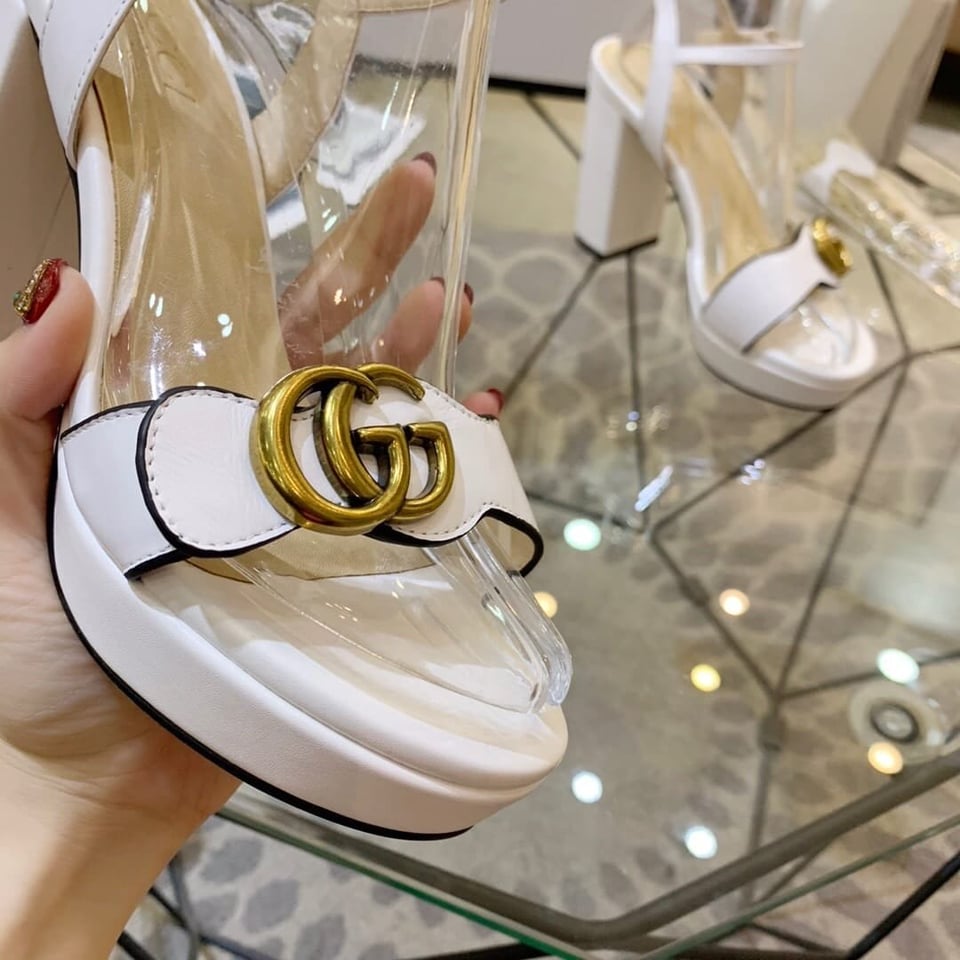 Gucci Gg Leather Heeled Sandal White view 6