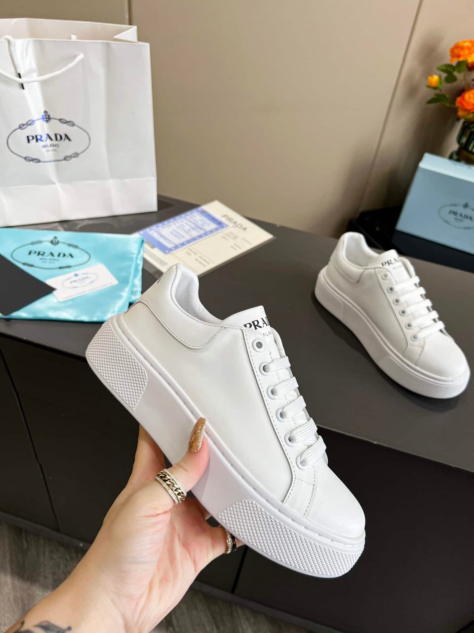 Prada Sneakers In White Leather With White view 7